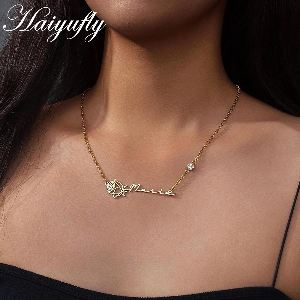 Birth Flower Necklace - Haiyufly-Colar Personalizado Nome para As Mulheres,